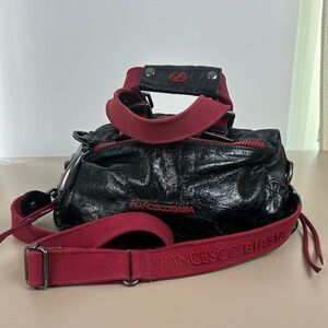 Francesco Biasia Black Leather Shoulder Bag Red Trim Crossbody Strap Italy Purse
